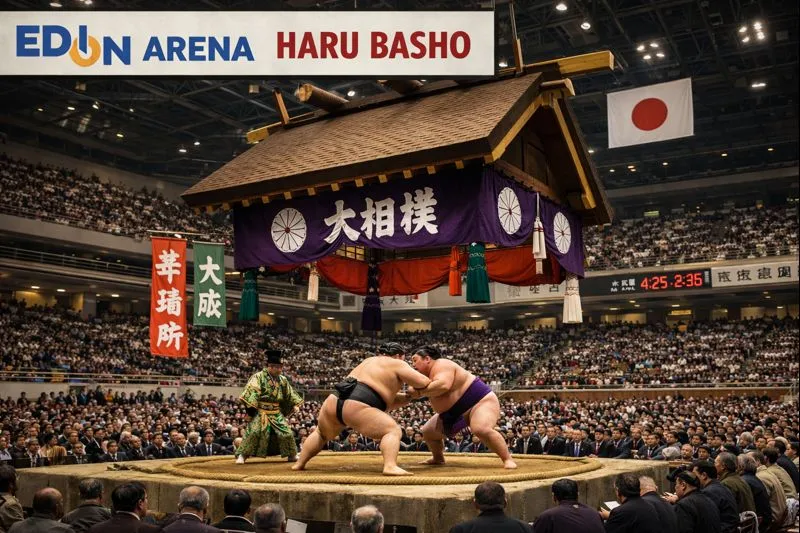 The vibrant crowd and electric atmosphere at EDION Arena Osaka during the Haru Basho