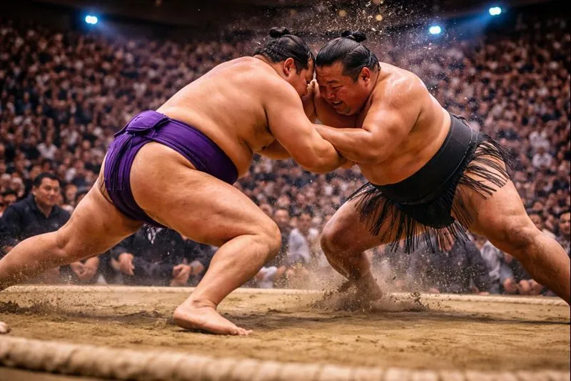 Intense sumo match action with top-division wrestlers at the Osaka Grand Tournament