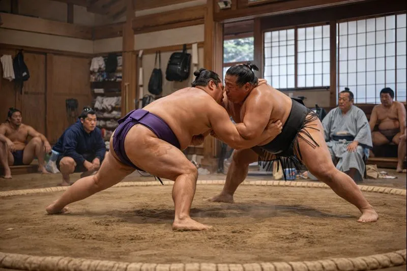 Sumo wrestlers undergoing rigorous morning practice (keiko) at an Osaka-area stable