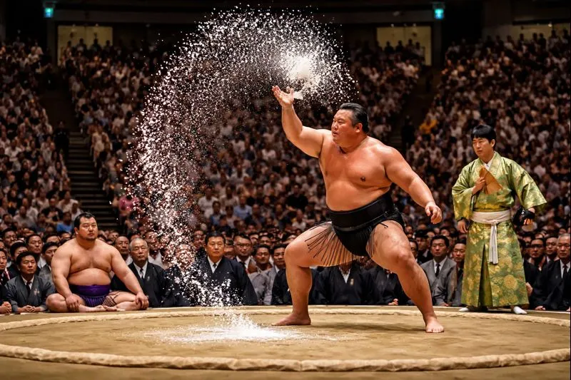 The traditional salt throwing ritual for purification before a sumo wrestling match