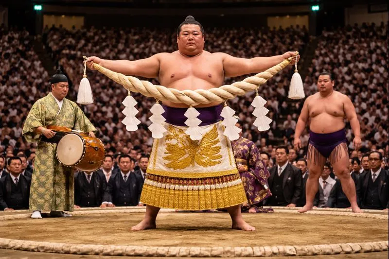 Iconic Yokozuna ring entrance ceremony (dohyo-iri) at the Osaka Grand Sumo Tournament